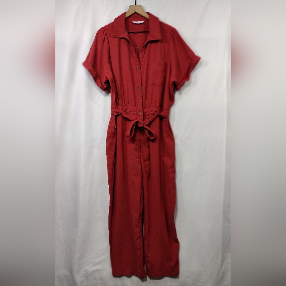Red Short-Sleeve Utility Jumpsuit with Tie Waist